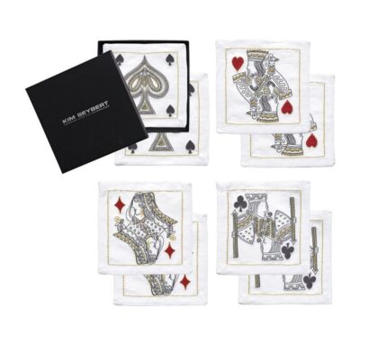 Snevayig House Of Cards Cocktail Napkins in White, Red & Black, Set of 8 in a Gift Box