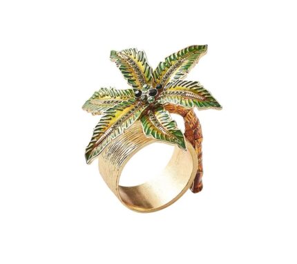 Snevayig Palm Coast Napkin Ring in Green & Gold, Set of 4 in a Gift Box